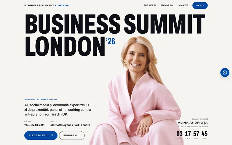 Business Summit London 2026 homepage: the summit name in large type next to the keynote speaker, with dates, venue, ticket buttons and a live countdown.