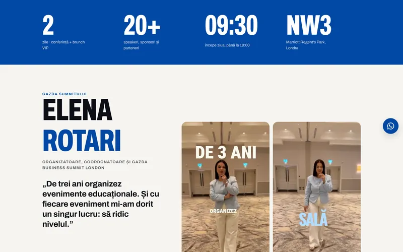 The host section: Elena Rotari’s name in large type, her quote and video stills from her events.