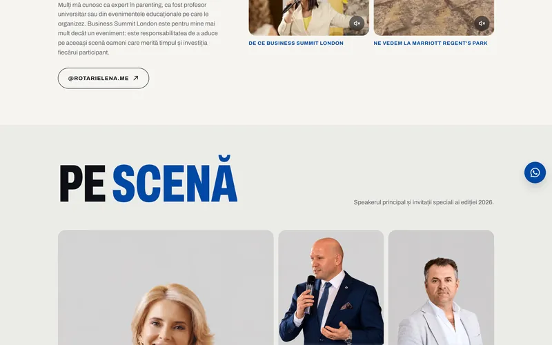 The “Pe scenă” speakers section with studio portraits on a grey background.