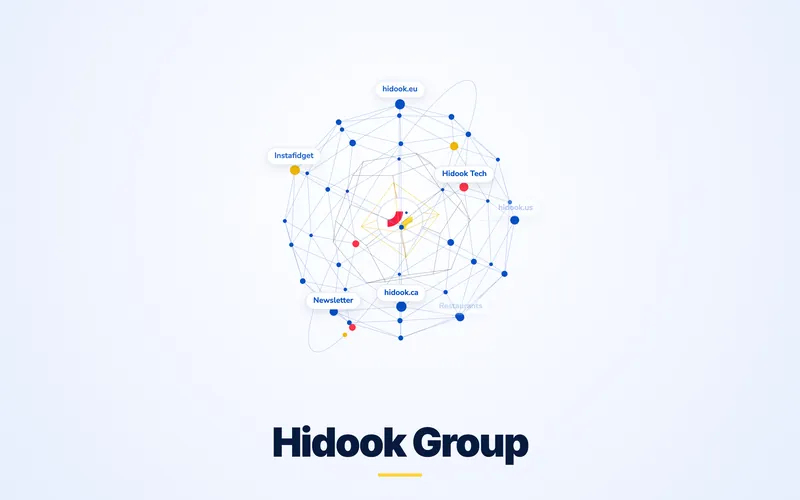 hidook.com: an interactive sphere of connected nodes labelled with the Hidook brands and regional sites, above the words Hidook Group.
