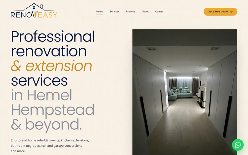 Renoveasy homepage: “Professional renovation & extension services in Hemel Hempstead & beyond” next to a photo of a finished open-plan living room.