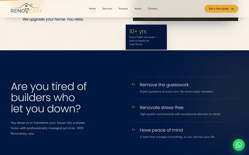 A navy section asking “Are you tired of builders who let you down?” with three promises.