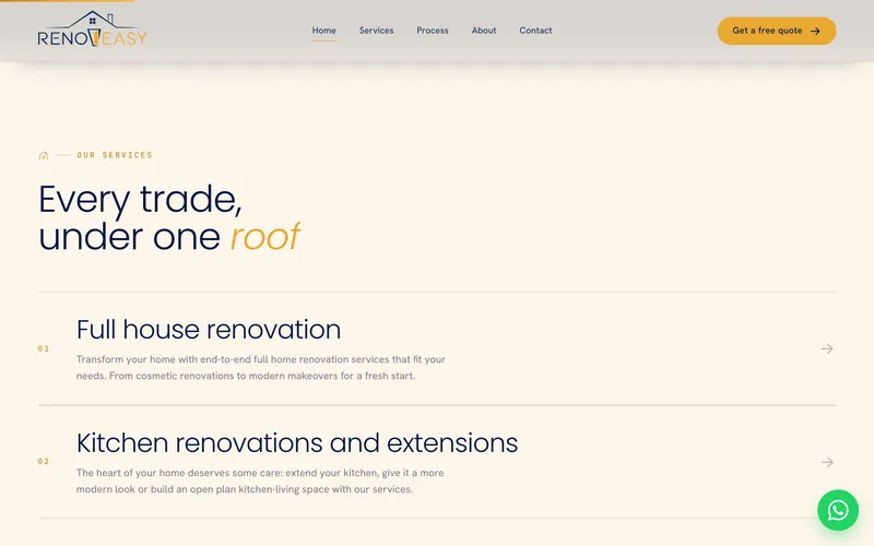 The “Every trade, under one roof” services list on a cream background.